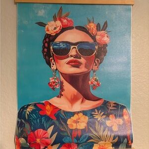 Frida-Inspired Floral Art Print with Turquoise Background